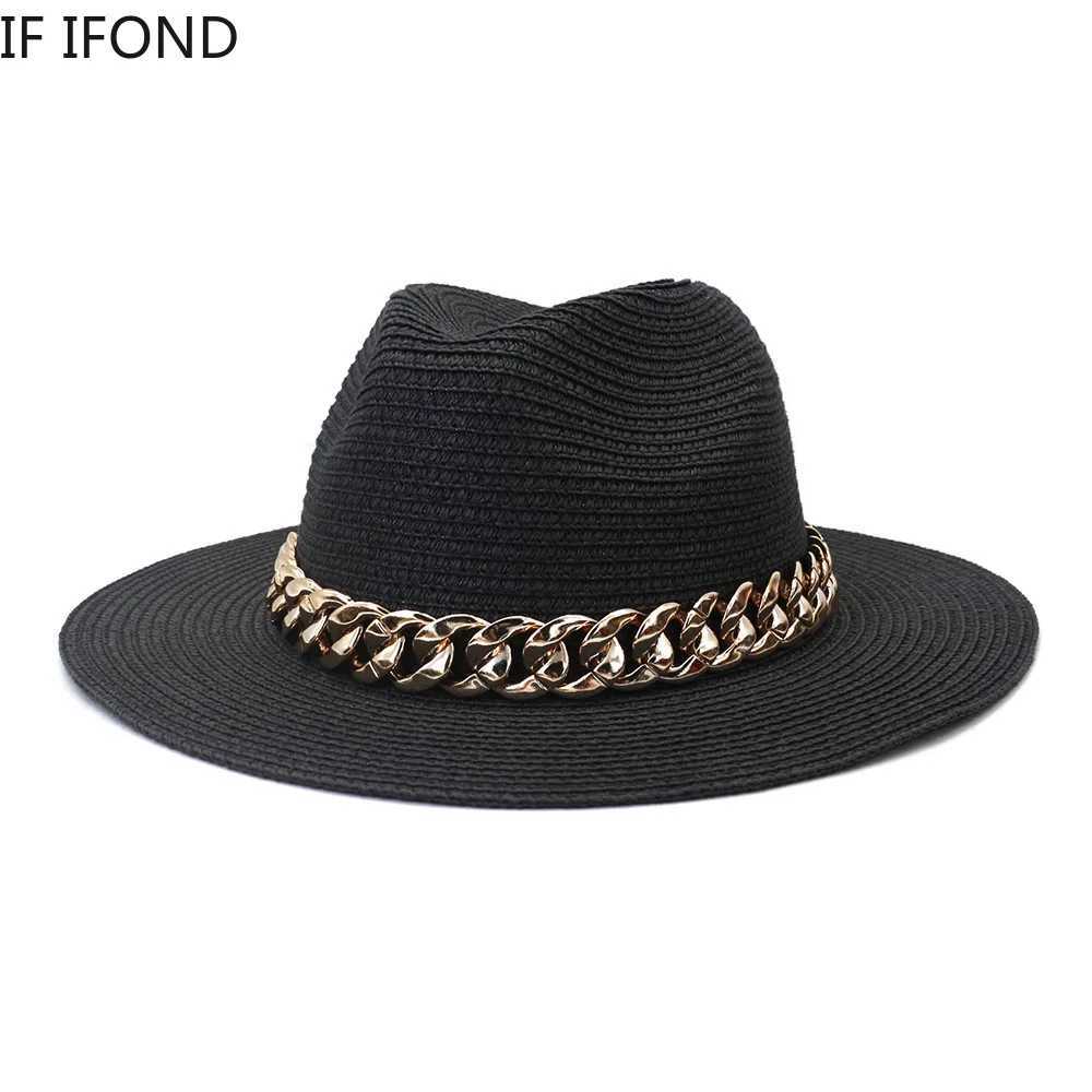 Fashion Gold Chain Belt Panama Straw Hats For Women Summer Breathable Beach Sun Hats Elegant Ladies Party Jazz Hat W250602
