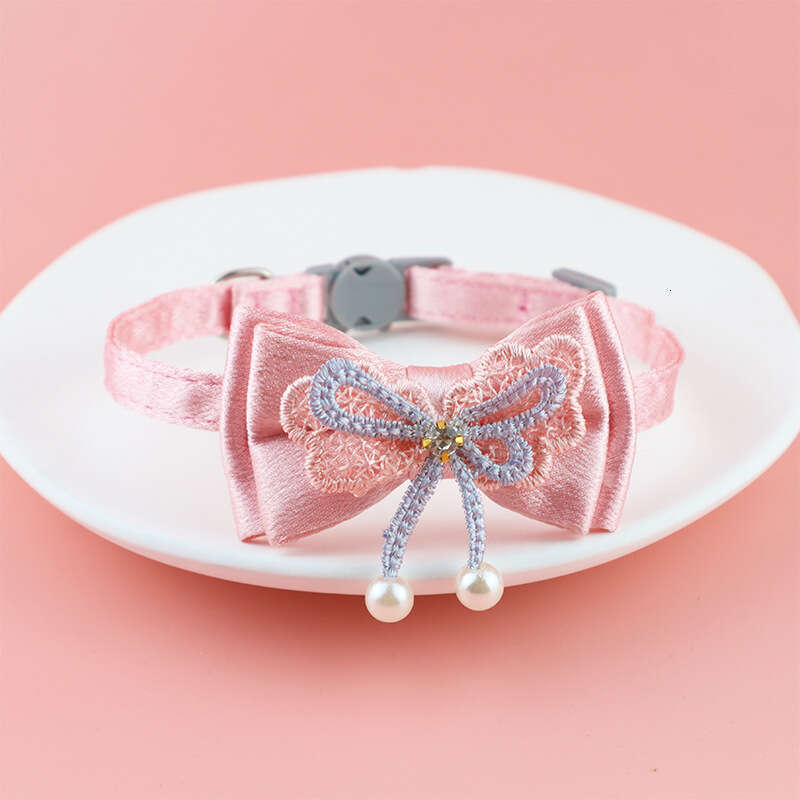 Fairy Pink Lace Bowknot Beaded Cat Collar Bell Pet Supplies