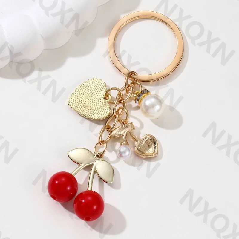 Pretty Cartoon Cherry Pearl Heart Enamel Keychain Love Fruit Key Ring For Women Girl Handmade Friendship Gift Jewelry Set XJ250602