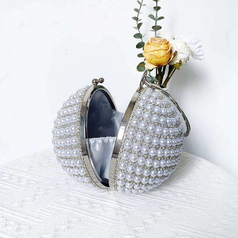 Fashion Pearl Top Ball Purse Bling Crystal Rhinestone Round Evening Handbag Women Glitter Sier Party Clutch Bag