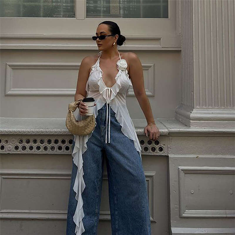 Spring Fashion Trend Women's New Halter Neck Backless Tie Mesh Slim Fit Tank Top B5