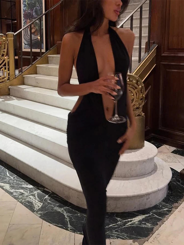 Ahagaga Fashion Halter Womens Maxi Dresses Solid Deep V-Neck Sleeveless Blackless Bandage Sheath Bodycon Party Vestidos Robes 250603