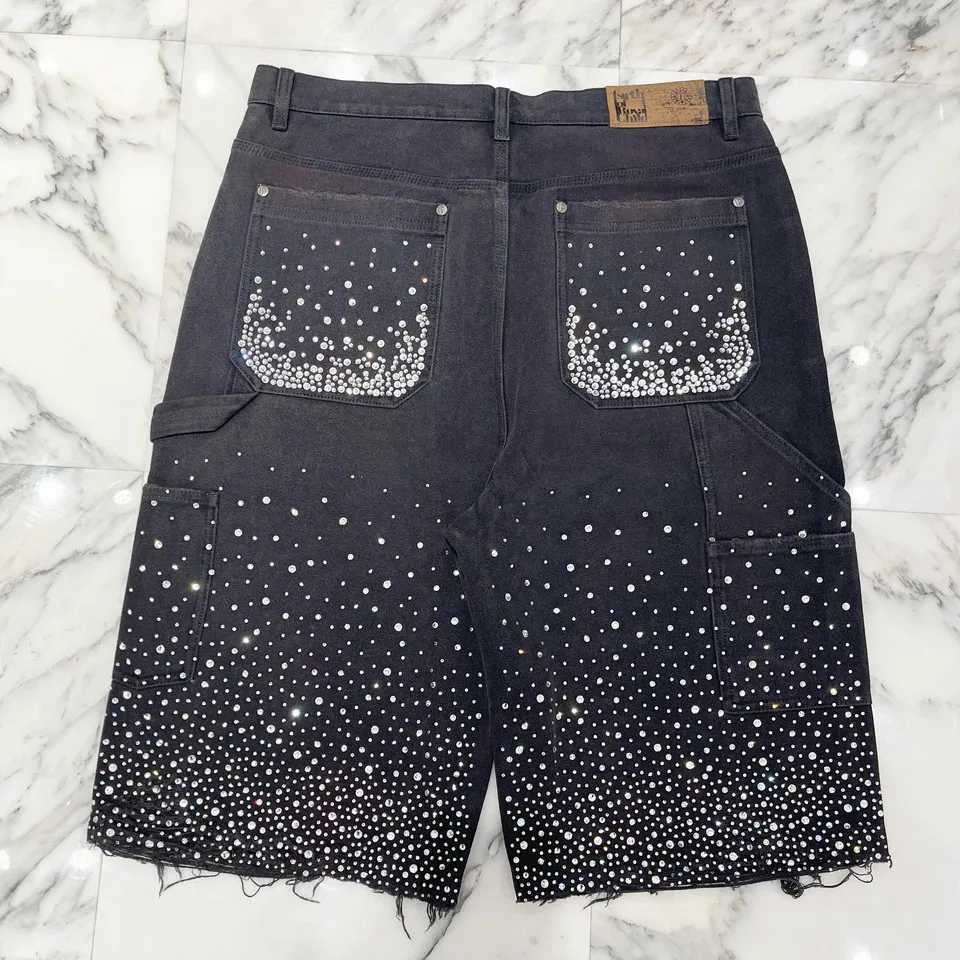 Y2K Jean Hip Hop Loose Denim Street Fashion Men Casual Basketball Shorts Retro Rhinestone Sequin Denim Short Fitness Trend Short T250603
