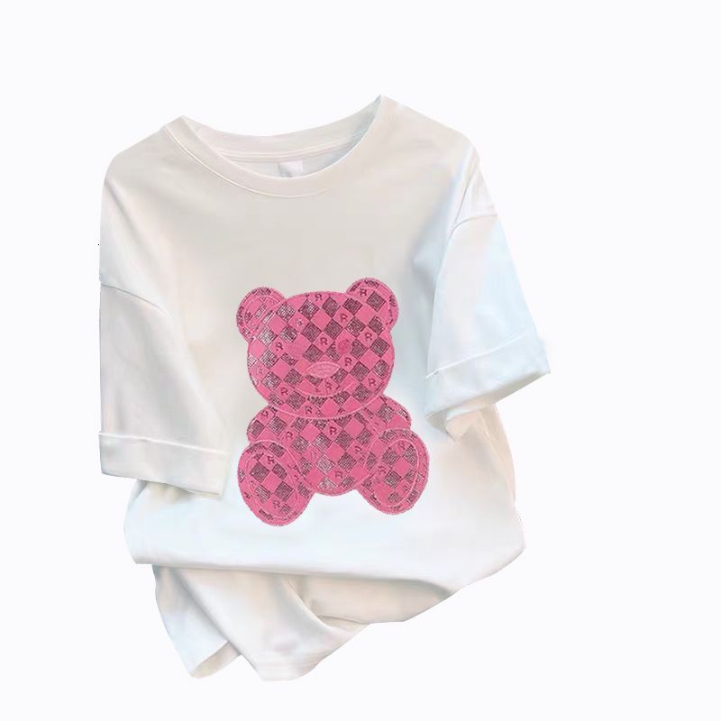 2025 Summer New Women's T-shirt New Women's Summer Short sleeved T-shirt Loose Creative Pink Bear Pattern Designer Women's T-shirt Tren