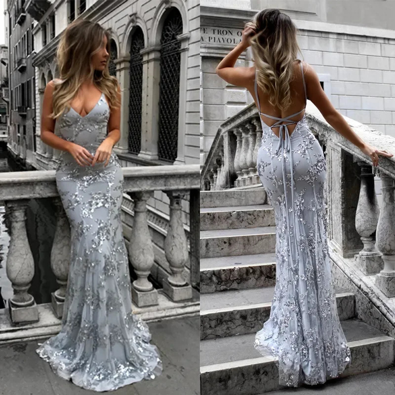 Women Dresses Sleeveless V Neck Pullover Sequins Party Dress Vestidos Formal Floor Length Sexy Wrap Breast Backless Slim 250603
