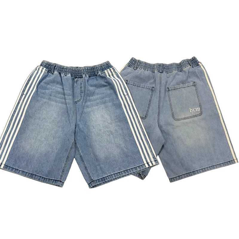 Summer New Casual Denim Shorts Y2K Side Striped Pattern Shorts Men Street Retro Harajuku Hip Hop Loose High Waist Sports Shorts T250603