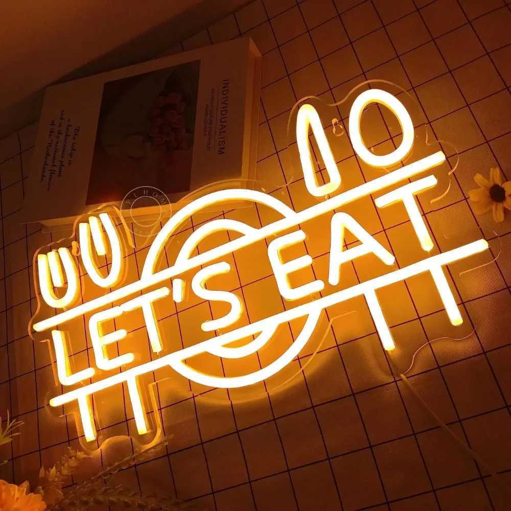 Lets Eat LED Neon Light Sign Fork Knife Spoon Plate Dish Food Restaurant Kitchen Canteen Party Wall Sign Decor Gift USB Powered XJ250602