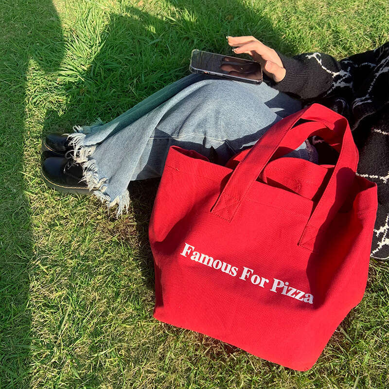 2024 New Ins Niche Red Casual Letter Print Canvas Shoulder Large Capacity Student Bag