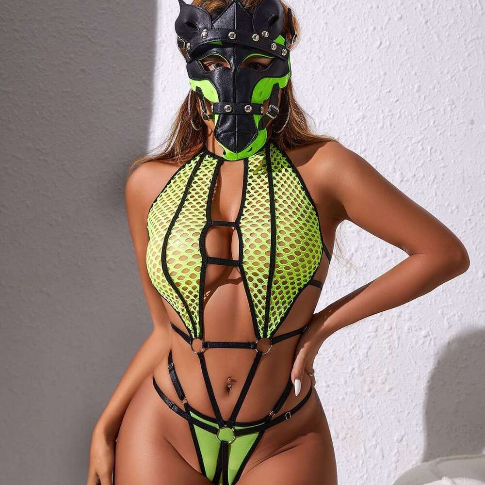 Spell Lingerie Porn Suits New Style Horse Face Mask Splicing Hollow Out Halter Strap Sexy Body Shaping One Piece Lingerie Set Sexy Lingerie