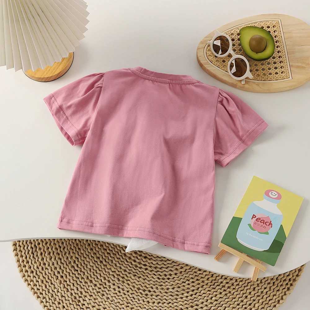 Girls T-Shirts 2023 Rabbit Print With Bow Puffed Sleeves Kids Clothes Girls T-Shirts Children Tops T-shirt For 2-6 years T250603