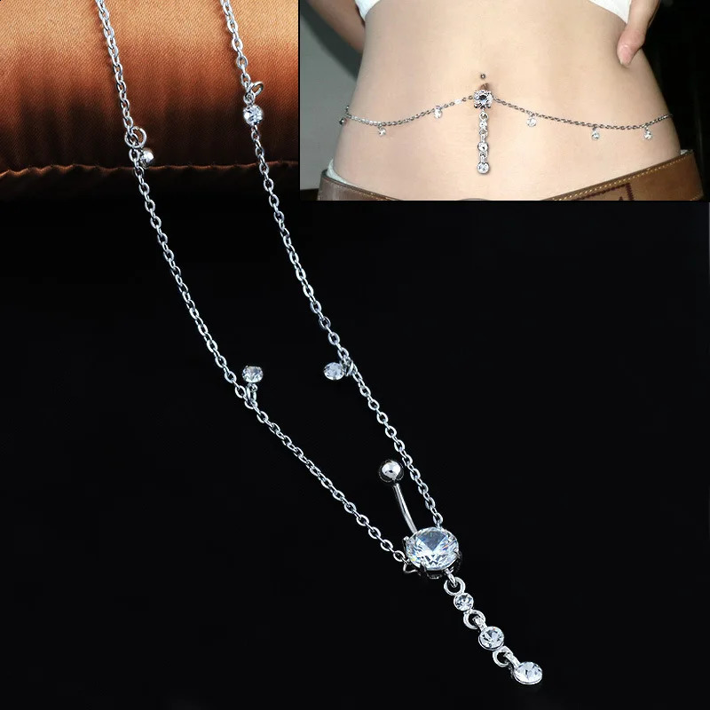 Women Sexy Rhinestone Dangle Belly Button Chain Navel Piercing Ring Body Jewelry Waist Chain Button Puncture Jewelry 250530