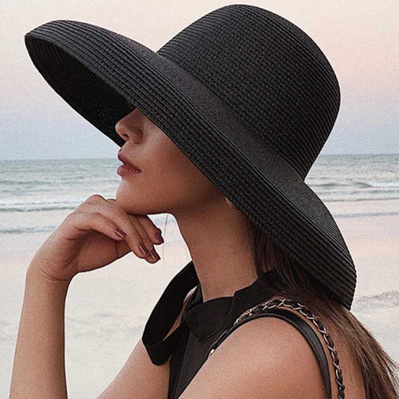 HT2303 2023 New Summer Sun Hats Ladies Solid Plain Elegant Wide Brim Hat Female Round Top Panama Floppy Straw Beach Hat Women W250602