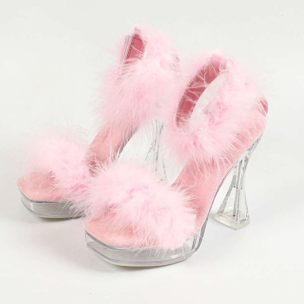 Super High Heels 1987-10 New Style 12Cm Sexy Fashion Transparent Nightclub Chunky Crystal Square Toe Furry Super High Heel Sandals Platform High Heels