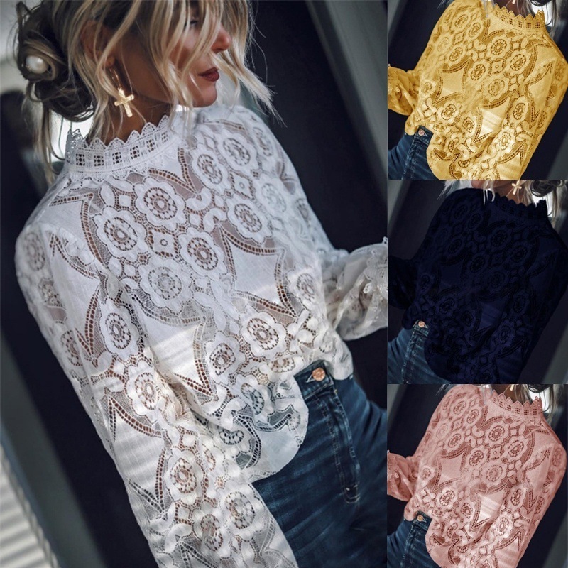 women's wear 2020 Women's Spring Summer New Sexy Sheer Long Sleeve Stand Collar Lace Top