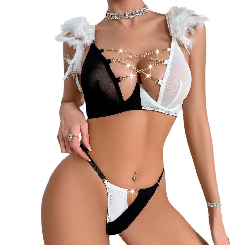 Spell Lingerie Porn Suits Hot Selling Lingerie Feather Chain Contrast Color Stitching Lace Mesh Sexy Underwear Sexy Lingerie