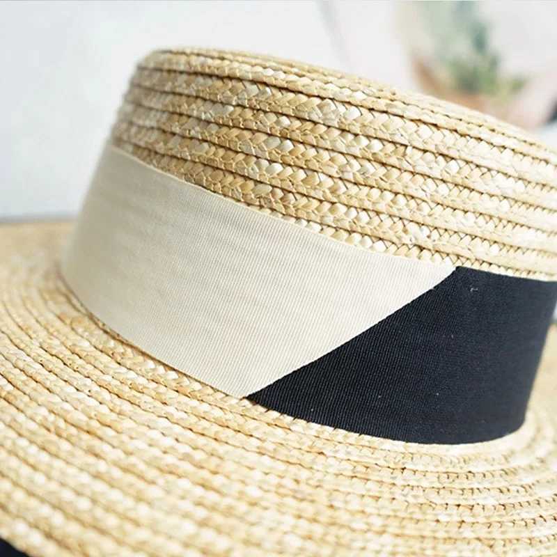 Retro Style Straw Hat Wide Brim Sun Hat Women Summer Boater Hats with Black White Ribbon Band Flat Top Church Derby Travel Hat W250602