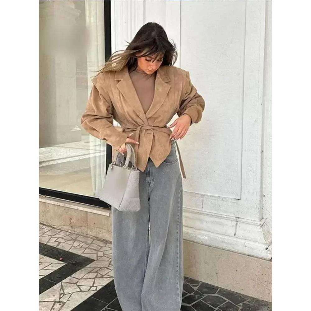 Fashion Retro Women Woolen Jacket Turn-down Collar Slim Fit Long Sleeve High Waist With Belt 2024 Autumn Lady Coat