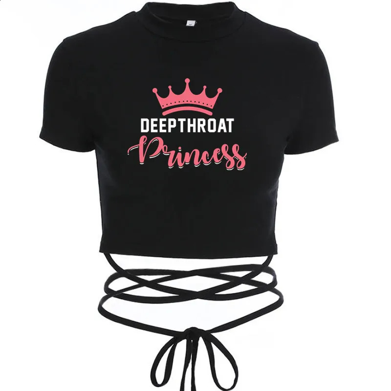 Deepthroat Princess Women Crop Top Black Short Bandage Tee Tops Girls Sexy TShirt Harajuku High Elasticity Tight Short Sleeves 250521