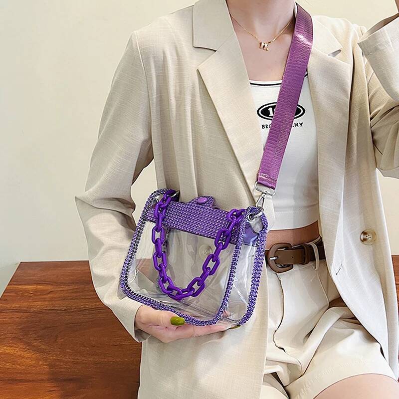 2025 New Transparent Slanted Shoulder Bag with Water Diamond Thick Chain Designer Women's Small Wallet and Handbag Fashion Jelly Summer Beach Han