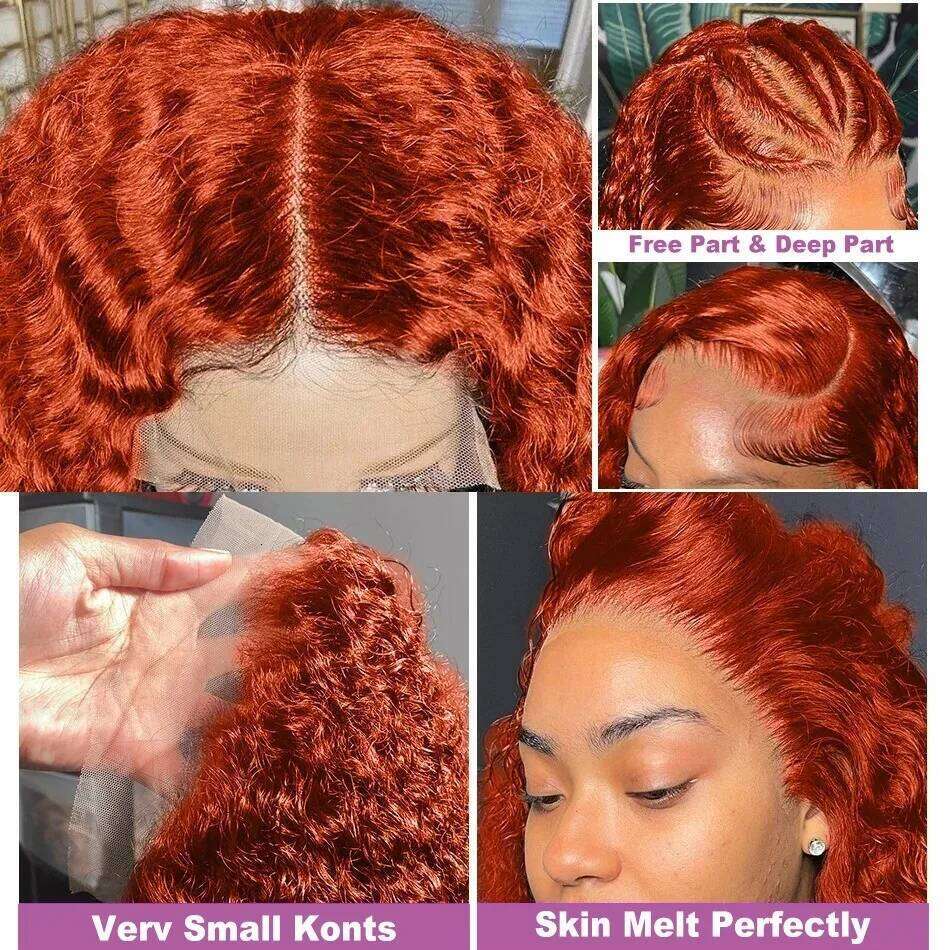 YKB 30 40 Inch 350 Ginger Kinky Curly 13x6 HD Lace Front Human Hair Wigs Orange Colored Deep Wave 13x4 Frontal Wig For Women