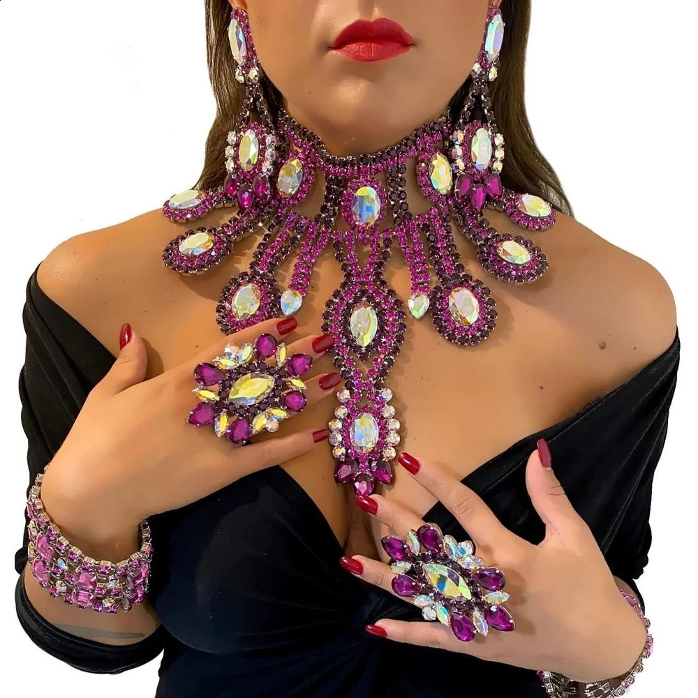 Stonefans Purple Crystal Necklace Earrings Bracelet Rings Set Wedding Women Exaggerate Decoration Bridal Jewelry Sets Party Gift 250530