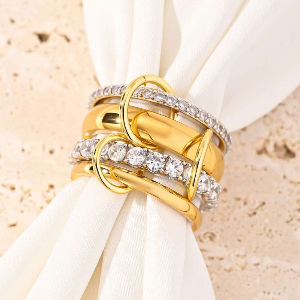 four inlaid with diamonds and zircon copper goldplated interlocking stacking rings special