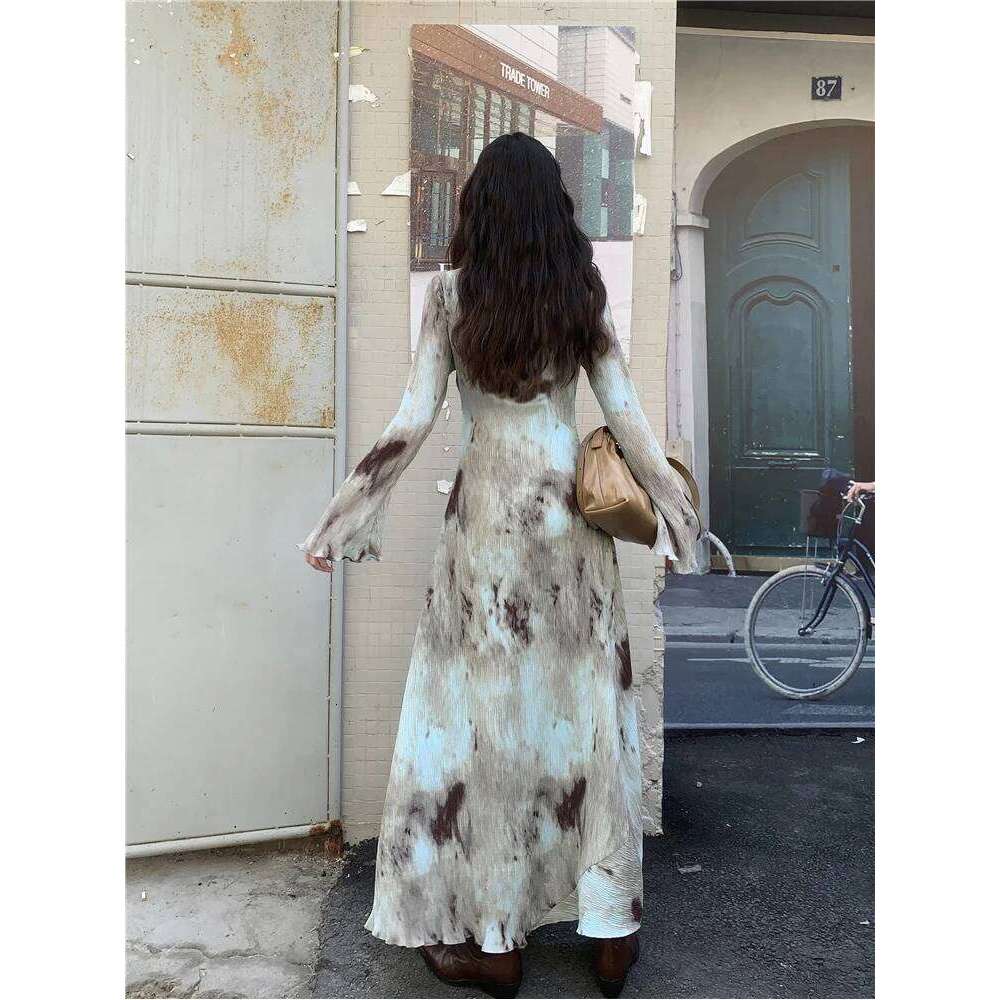 Designer Pleate French Maxi For Women Flare Long Sleeve Swing A Line Dress Fall Clothes