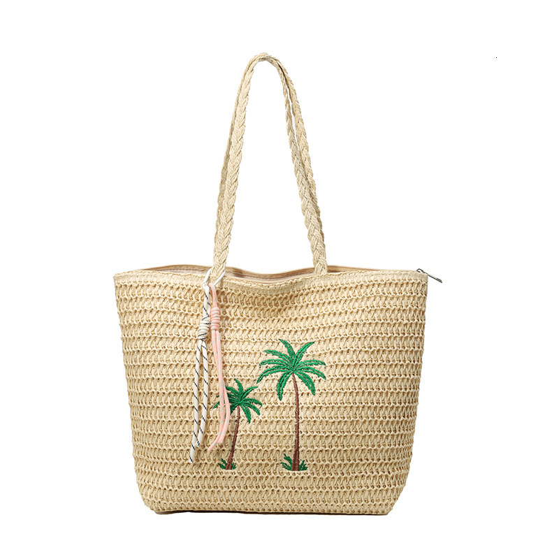 designer 2025 New Handmade Coconut Tree Embroidered Straw Bag Beach Vacation Tote Large Capacity High-end Shoulder Handbag