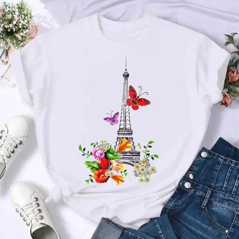 Short Sleeve Butterfly Bow Sweet Flower Fashion Summer Women Print Designer T Shirt Female Casual Top Tshirts Cartoon Graphic Tee T-Shirt
