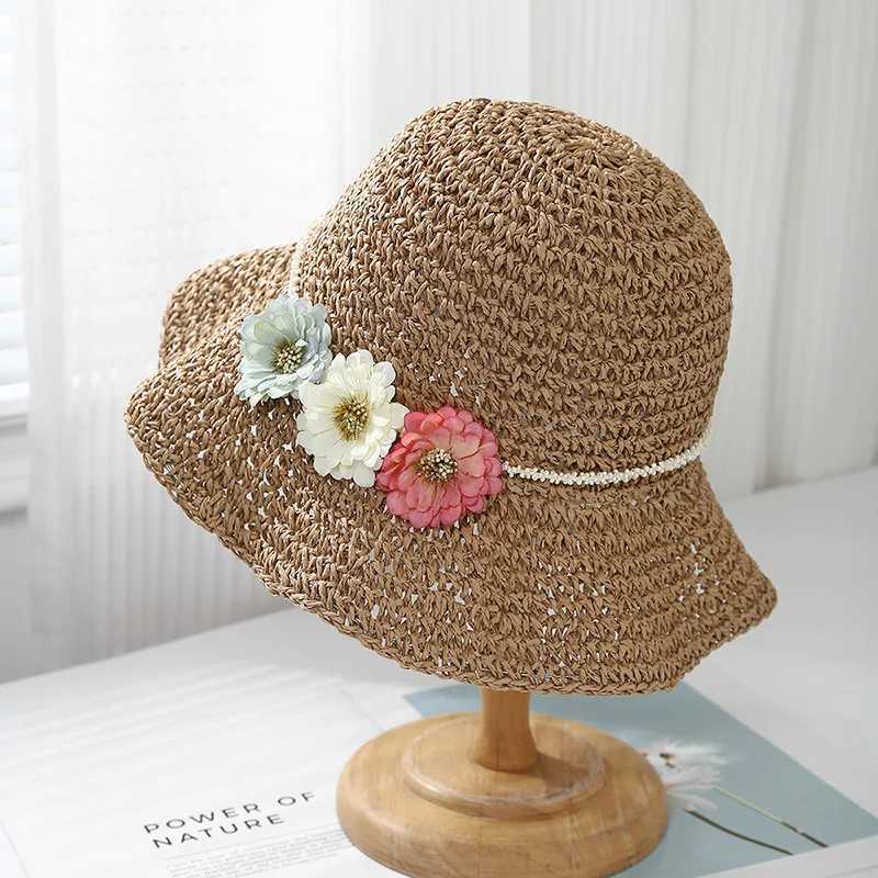 Summer Hats For Women Handmade Beads Chain Flower Straw Sun Hat Lady Big Brim Sunscreen Holiday Beach Accessories Foldable New W250602