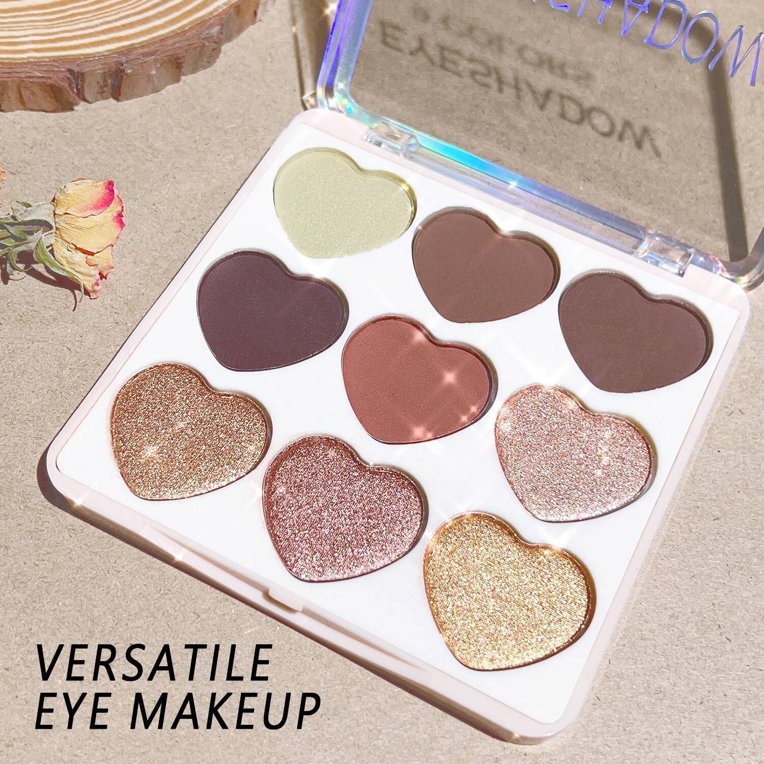 9 Colors Palette, Lovely Heart Shape, High Pigmented, Waterproof Eyeshadow Matte Glitter Pearly Finish Brown Grey Mult