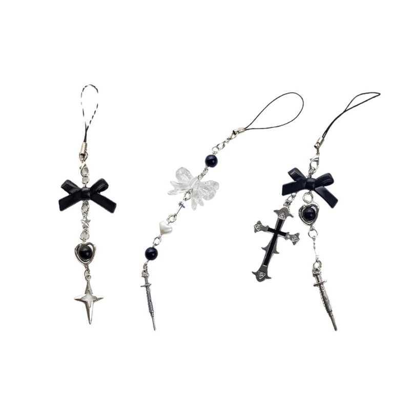 Phone Charm Strap Y2K Keychain Kawaii-Cute Pendant Jewelry Keyring Lanyard String Black Cross-Bow Beaded Chain for Women Girl XJ250602