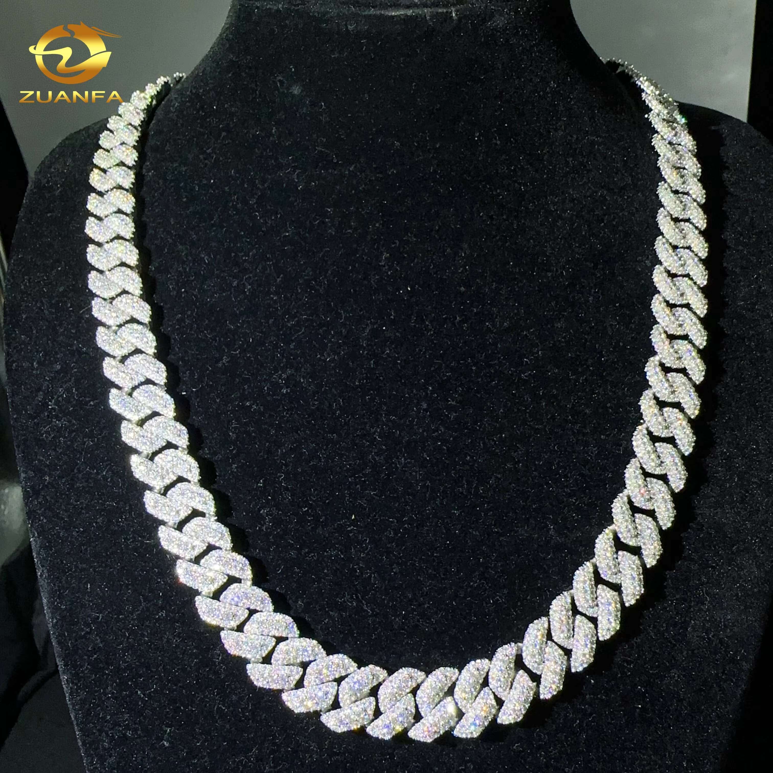 Hip Hop Jewelry Men Cuban Necklace Sterling Silver 925 D Color VVS Moissanite Diamond 15MM Width Cuban Link Chain
