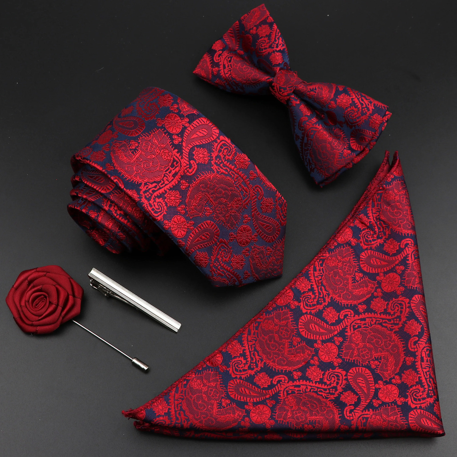 Solid Color Silk Men Tie Set Polyester Jacquard Woven Necktie Bowtie Suit Vintage Red Blue For Groom Business Wedding Party 250530