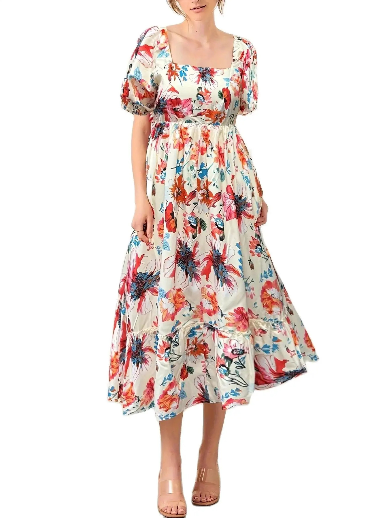 Plus Size Square Collar Fluffy Long Dress Beautiful Bright Flower Print Elegant Temperament Lady Vacation Travel Party Date 250526