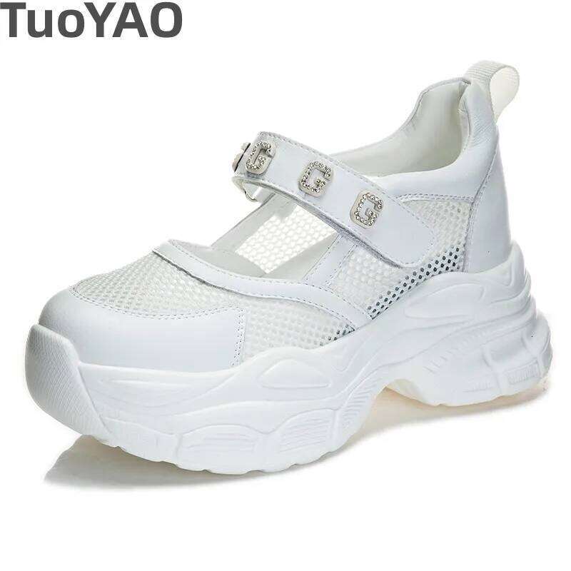 Genuine Leather 7Cm Platform Summer Mesh Wedge Hidden Heel Hookloop Sandals Fashion Sneakers Women Slip On Shoes