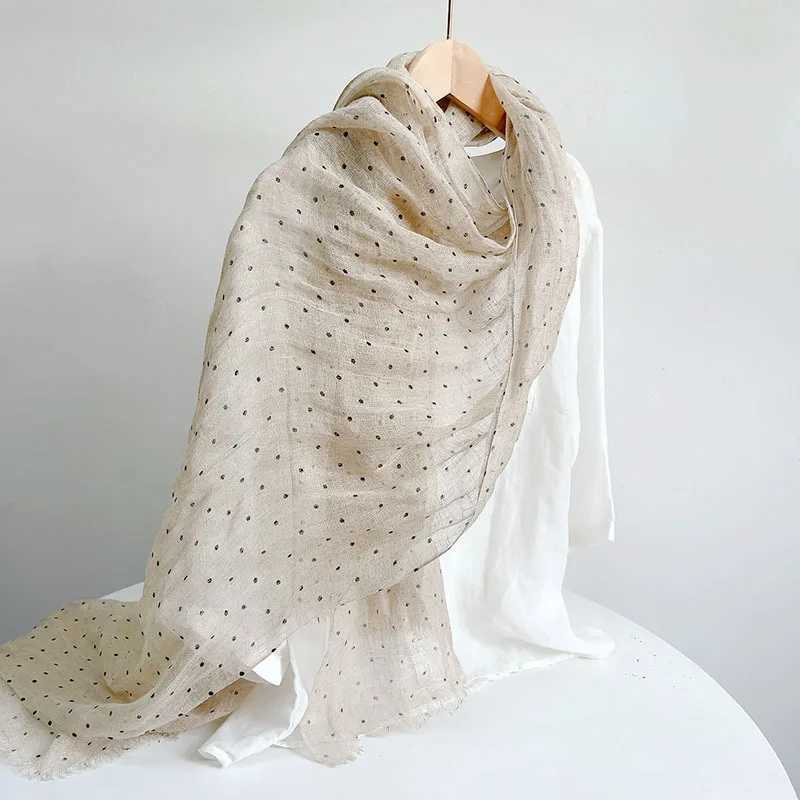 Pure Linen Soft Scarves Women Polka Dot Retro Design Scarf Summer Traveling Long Scarves Breathable Thin Shawl 65x180cm W250602