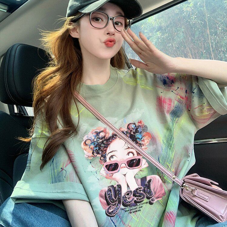 2025 Summer New Women's T-shirt Unique and Interesting Graffiti Printed Loose Cotton Women's T-shirt Fashion Inkjet Designer Medium length S