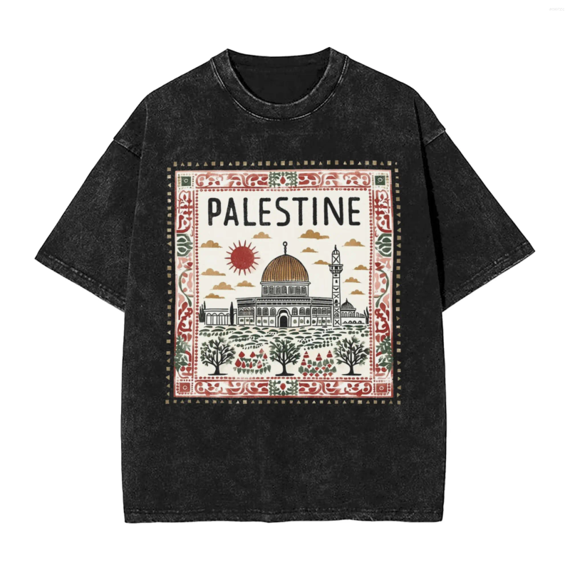 Men's T Shirts Funny Palestine Mosque Stamp T-Shirt For Men Round Neck Pure Cotton Washed Short Sleeve Tee Shirt Birthday Gift Tops