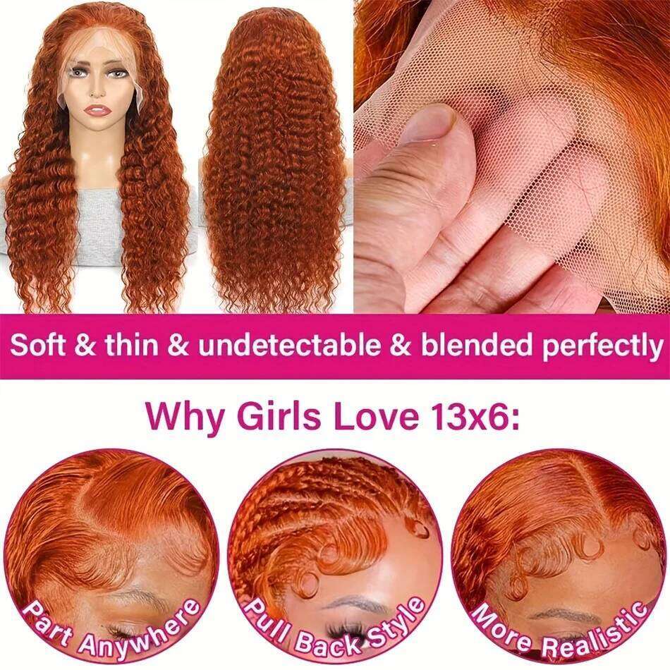 200 Density Ginger Orange Curly 13x4 HD Frontal Human Remy Hair Colored Transparent Deep Wave 13x6 Lace Front Wig For Women