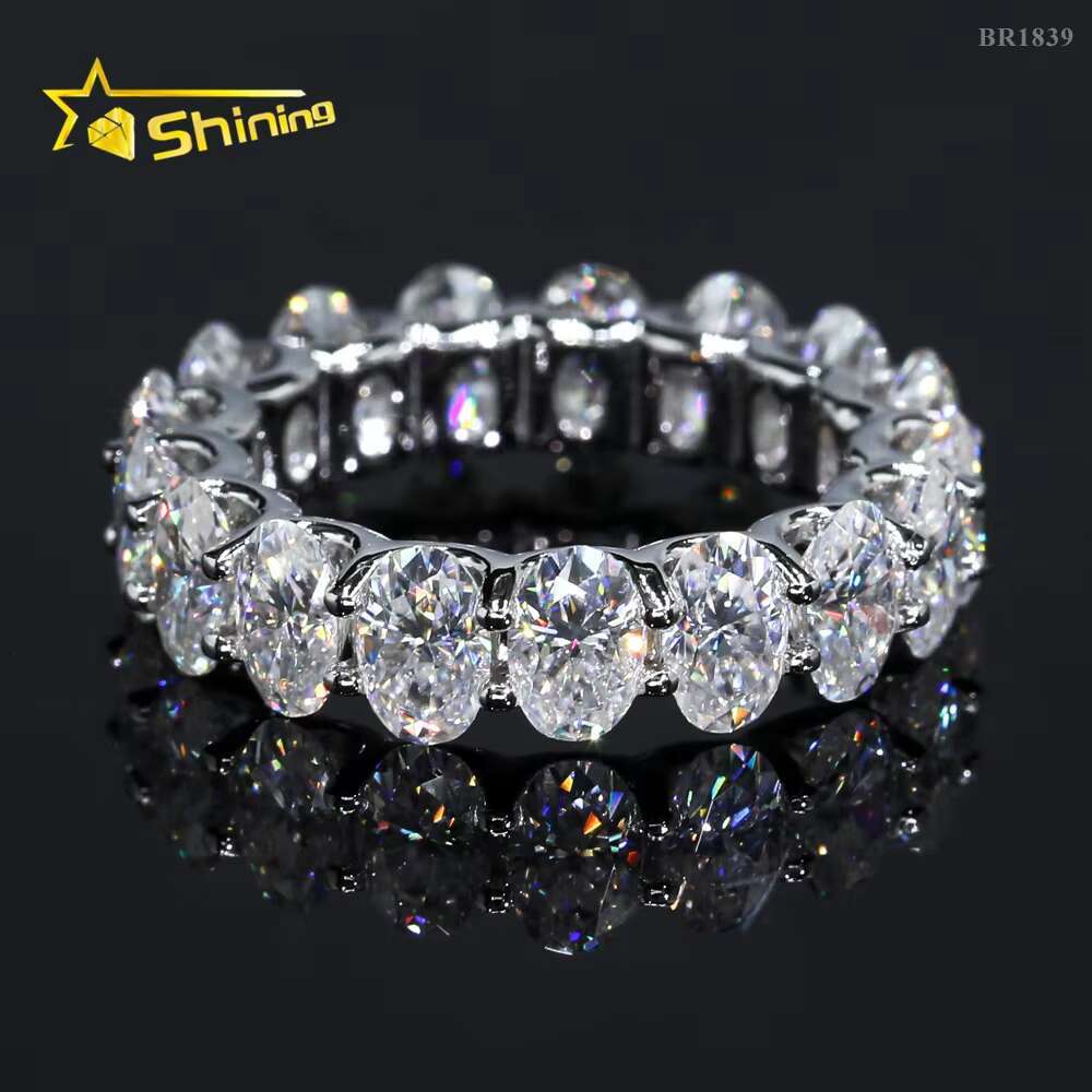 Elegant 925 Silver Gold Plated Women Jewelry Fully Iced Out Classic Oval Cut Eternity Moissanite Diamond Band Ring