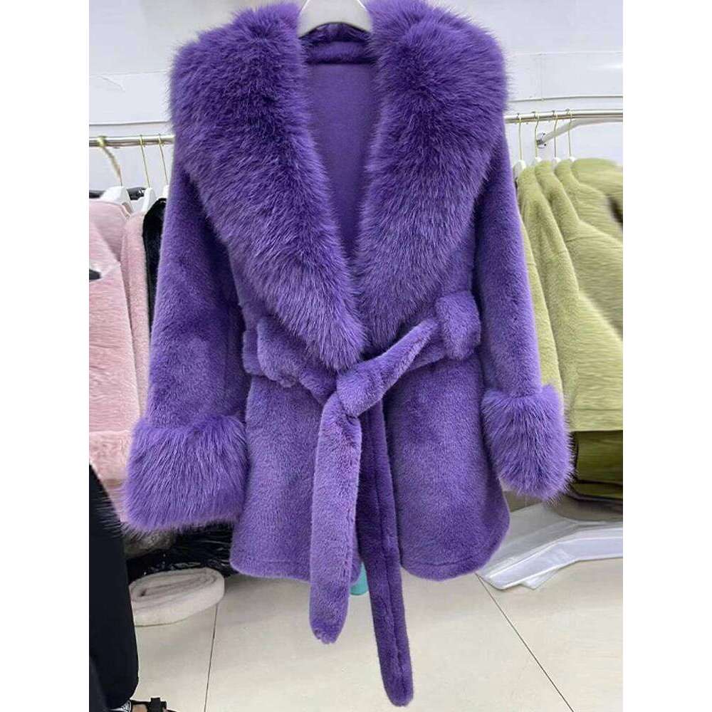 Chic Women Faux Furs Collar Long Sleeve Oversize With Belt Female Fur Jackets 2024 Winter Fashion Coats