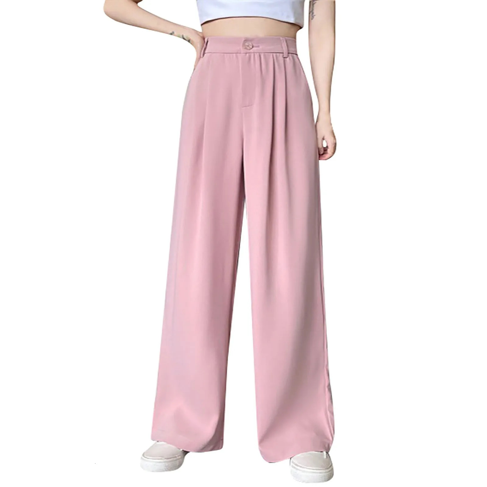 Solid Color High Waist Casual All-match Spring And Summer Daily Basic Commuting Suit Fabric Wide-leg Straight Pants For Ladies 250603