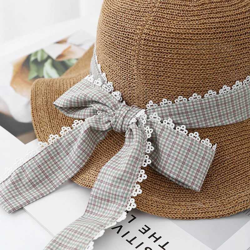 Summer Sun Hat Womens Wave-edge Fisherman Hat Breathable Knitted Wide Brim With Dot Bow Ribbon Beach Accessories For Outdoor W250602