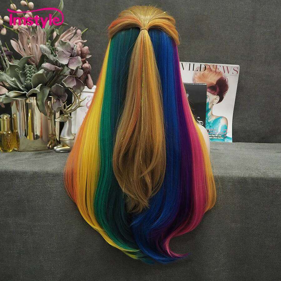 Imstyle Tinsel Rainbow Synthetic Lace Front Long Straight Hair Multicolor Wigs For Women Party Colorful Wig