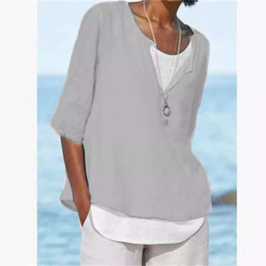 Spring Summer V-Neck Solid Color Cotton Linen Plus Size Mid-Sleeve Women's Shirt B5