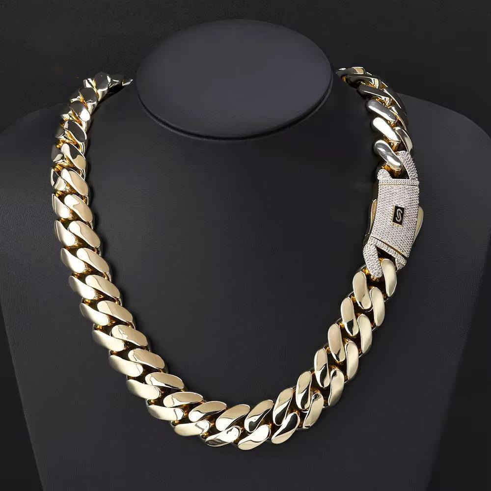 NUOYA 14K/18K Gold Plated Thick Solid Cuban Link Chain Hip Hop Jewelry Iced Diamond Clasp Flat Miami Cuban Link Necklace for Men