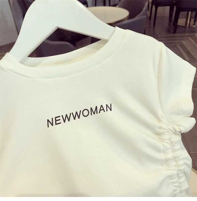 Summer Short Sleeved T-shirt Girls Fashionable Solid Tops Kids Drawstring Printed Sweet Pullover Children Clothes 1-6 Years Old T250603