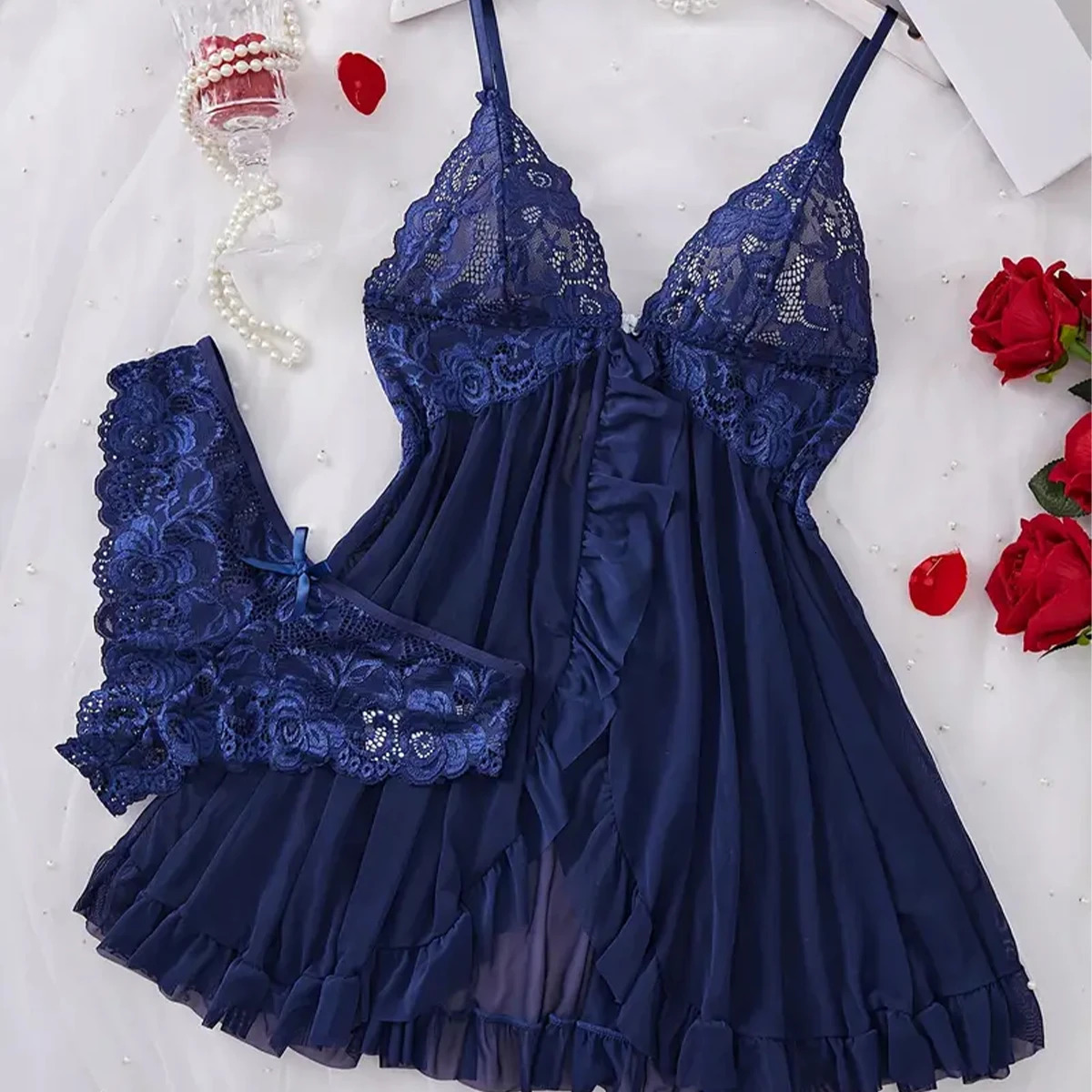 Exotic Cotumes Transparent Dress Erotic Pajamas Set Lace Sleepwear For Women Babydoll Sexy Lingerie Nightdress Open Bra 250603