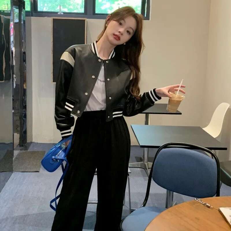 Black And White Color Block Loose Fit Bike Jacket For Women New 2024 Spring Autumn Casual American Style Leather Clip-On J